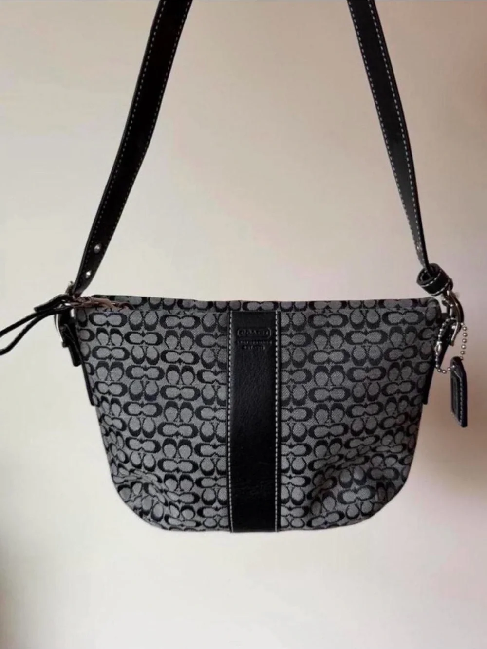 Coach Black Signature Jacquard Demi Crossbody Bag with Leather Trim